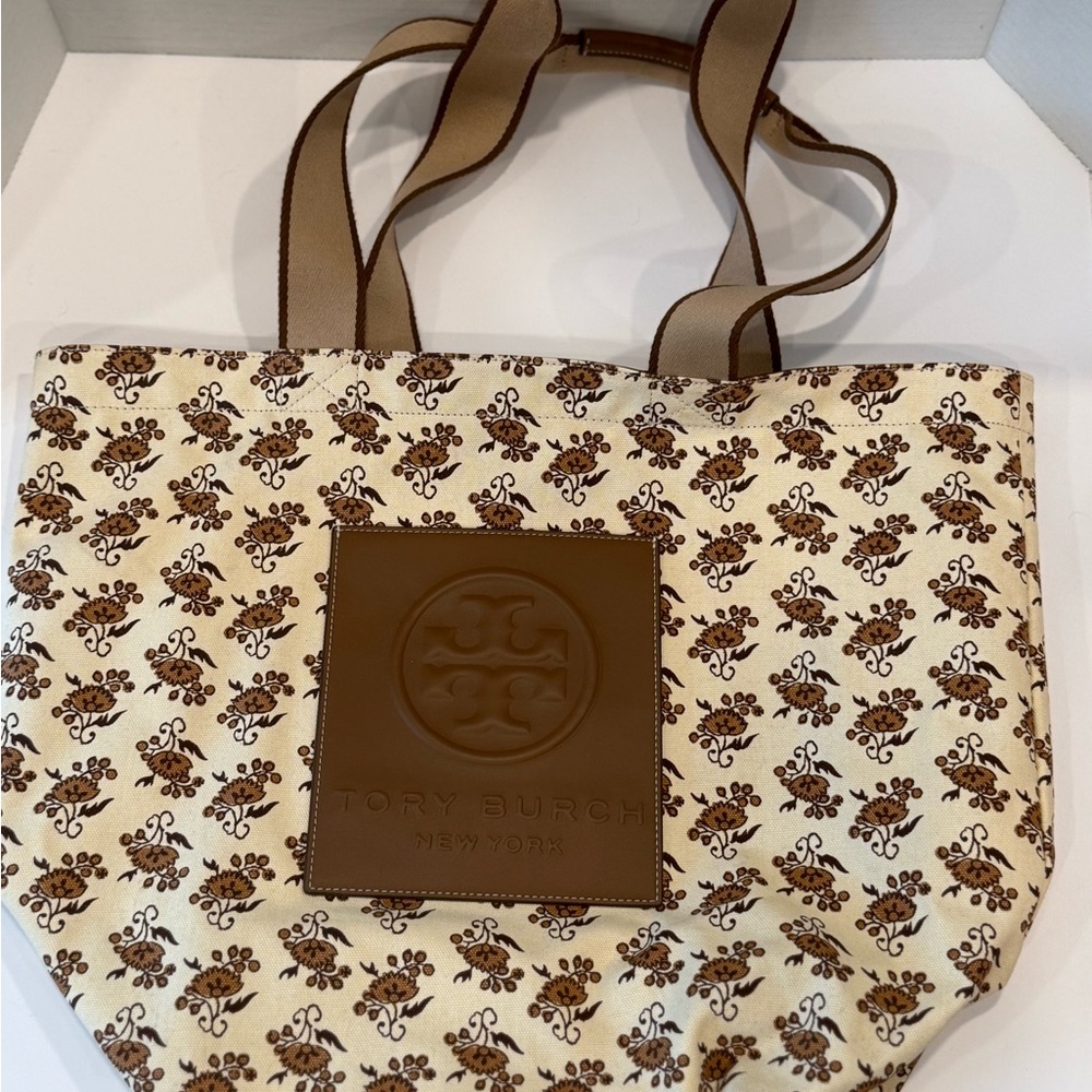 Tory Burch Cream and Brown Canvas Tote Bag